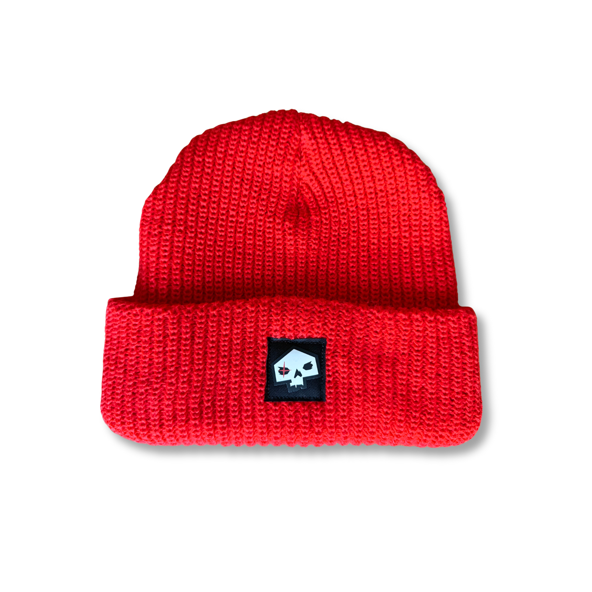 Red knit beanie with a logo on a white background