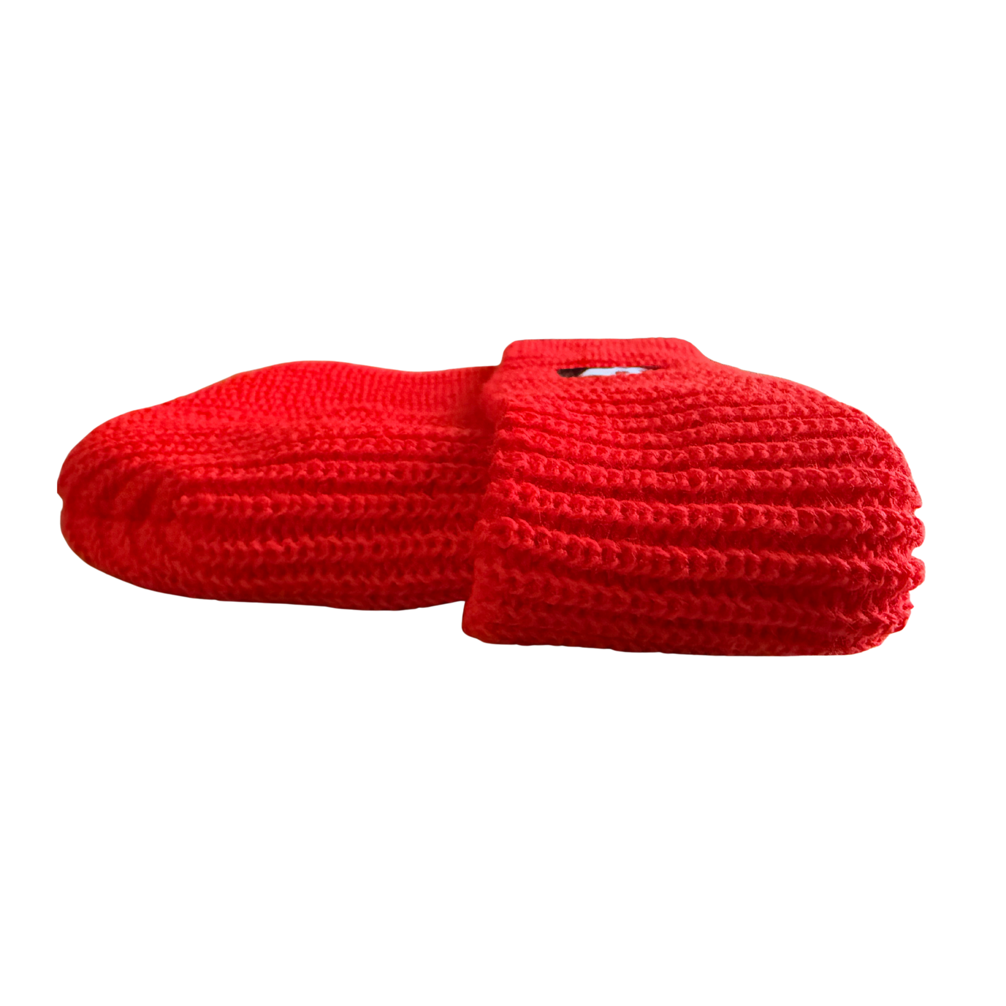 Red beanie laying flat on white background